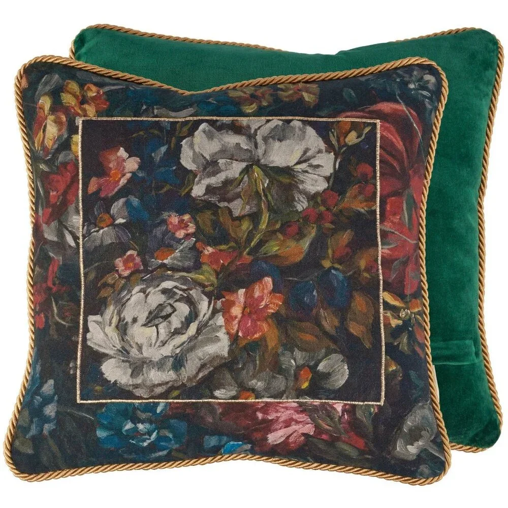 Moody Botanical‎ Floral Velvet Accent Pillow Gold Rope Trim Dark Cottage Decor